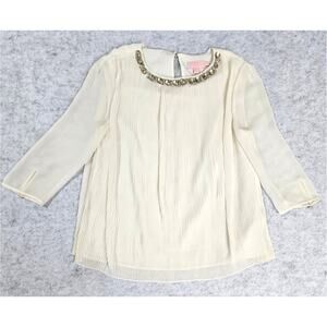 Ted Baker London Blouse, Jewel Embellished Neck, Pleated, 3/4 Sleeve, Lined Sz 1
